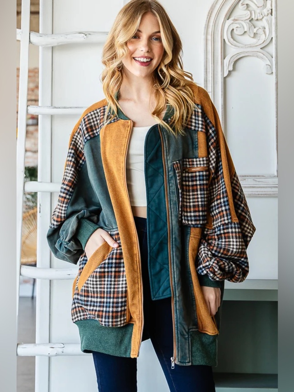 New! Oli & Hali Oversized Long Plaid Patchwork Bomber Jacket